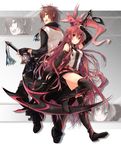  1girl :d animal back-to-back black_legwear boots brown_eyes brown_hair gloves grey_background highres kuwashima_rein long_hair looking_at_viewer looking_back open_mouth original pants pink_eyes pink_hair profile scythe sheath short_shorts shorts simple_background smile sword thighhighs weapon zettai_ryouiki zoom_layer 