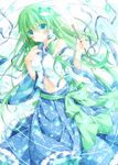  blue_eyes blush detached_sleeves frog_hair_ornament gohei green_hair hair_ornament highres kochiya_sanae long_hair long_sleeves looking_at_viewer midriff mogu_(au1127) navel open_mouth petals sash shirt skirt snake_hair_ornament solo touhou very_long_hair wide_sleeves 