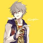  aano_(10bit) breath casual drink hood hoodie jacket lowres male_focus nagisa_kaworu neon_genesis_evangelion red_eyes shirt smile solo white_hair 