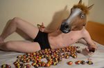  alcohol bed bedroom black_nose candy cigar equine horse horse_face human lying male mask photo real simple_background solo underwear wine 