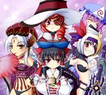  ^_^ anger_vein ascot baba_yaga_(lord_of_vermilion) black_hair bow breast_rest breasts cleavage closed_eyes crossover cup detached_sleeves eyepatch fan folding_fan great_harlot grin hair_bow hair_tubes hakurei_reimu hat jeanne_d'arc_(lord_of_vermilion) jitome large_breasts long_hair lord_of_vermilion matabii multiple_girls red_eyes red_hair saigyouji_yuyuko short_hair silver_hair skirt slit_pupils smile teacup touhou triangular_headpiece yellow_eyes 