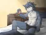  alarm_clock anthro bed biceps blush bulge canine chest_tuft dog fur grey_fur grey_hair hair husky kouya_aotsuki male mammal morenatsu muscles nipples pecs pubes sitting solo speedo swimsuit topless tuft underwear unknown_artist yellow_eyes 