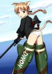  animal_ears ass blue_eyes braid brown_hair cat_ears cat_tail cloud day flying from_behind gun jacket looking_back lynette_bishop muchabou ocean open_mouth panties single_braid sky solo strike_witches striker_unit tail underwear weapon white_panties world_witches_series 