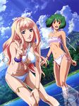  2girls absurdres beach bikini bracelet highres jewelry leaning_forward macross macross_frontier multiple_girls ranka_lee scrunchie sheryl_nome single_earring swimsuit thighlet v 