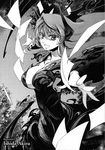  breasts cleavage dress greyscale highres horns ishida_akira large_breasts long_hair maou_(maoyuu) maoyuu_maou_yuusha monochrome open_mouth outstretched_arms scan smile solo source_request 
