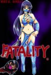  armband bare_shoulders black_hair blood blue_eyes boots breasts chocker choker cleavage earrings female guro hairband hand_on_hip highres hips jewelry kitana loincloth long_hair mask midriff mileena mortal_kombat naval navel orange_eyes princess_kitana short_hair thighs weapon wristband 