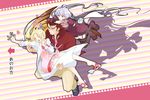  2girls ahoge blonde_hair breasts bug butterfly carrying closed_eyes collared_shirt directional_arrow dress dual_persona facial_hair fine_(symphogear) goatee heart hottate insect kazanari_genjuurou labcoat long_hair loose_necktie medium_breasts milk mouth_hold multiple_girls necktie open_mouth outstretched_arm platform_footwear princess_carry purple_eyes red_hair red_shirt sakurai_ryouko sandals senki_zesshou_symphogear shirt silver_hair smile spoilers very_long_hair yellow_eyes yukine_chris 