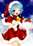  bell blue_background blue_eyes blue_hair bow cake christmas eyelashes food fruit gloves highres index_finger_raised light_particles looking_at_viewer one_eye_closed open_mouth red_gloves santa_claus santa_costume star_(sky) strawberry tatara_kogasa touhou wreath yuzuna99 
