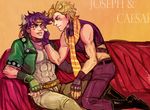  abs bad_id bad_pixiv_id blonde_hair boots caesar_anthonio_zeppeli caesar_anthonio_zeppeli_(cosplay) cosplay costume_switch facepaint facial_mark fingerless_gloves gloves green_jacket head_wings headband jacket jojo_no_kimyou_na_bouken joseph_joestar_(young) joseph_joestar_(young)_(cosplay) midriff multiple_boys one_eye_closed pia_(piapb) purple_eyes purple_hair scarf skin_tight 