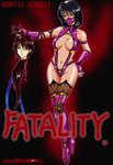  armband bare_shoulders black_hair blood blue_eyes boots breasts brown_hair elbow_gloves female fingerless_gloves gloves guro hand_on_hip highres hips kitana leotard long_hair mask midriff mileena mortal_kombat naval navel orange_eyes ribbon shaved short_hair thighhighs thighs wristband 