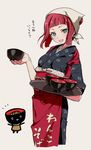  blush bowl green_eyes hana-kagume head_scarf japanese_clothes kimono nakai_(waitress) red_hair saki solo tasuki tenugui usuzawa_sae 