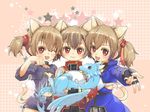  animal_ears brown_hair cat_ears cat_tail dragon fingerless_gloves gloves multiple_girls multiple_persona one_eye_closed pina_(sao) red_eyes rori_chuushin short_hair short_twintails silica silica_(sao-alo) sword_art_online tail twintails 