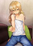  alternate_hairstyle bad_id bad_pixiv_id bangs bare_shoulders barefoot blonde_hair blush camisole casual couch flat_chest food food_in_mouth girl_on_top giving hair_between_eyes hair_down head_out_of_frame holding indoors inuzuka_bouru koujiro_frau long_hair looking_at_viewer messy_hair midriff mouth_hold no_bra orange_eyes outstretched_arm pants pillow pocky pov robotics;notes seiza sitting smile spread_legs straddling strap_slip 