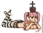  breasts crown large_breasts noise_tanker one_piece perona pink_hair thighhighs toeless_socks topless twintails 
