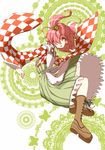  apron bell boots checkered clothes_writing cross-laced_footwear hair_bell hair_ornament japanese_clothes jingle_bell kimono kuronuko_neero lace-up_boots long_sleeves looking_at_viewer md5_mismatch motoori_kosuzu open_mouth pink_hair red_eyes short_hair smile solo touhou two_side_up wide_sleeves 