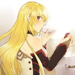  bad_id bad_pixiv_id bare_shoulders blonde_hair long_hair lowres maruishi milla_maxwell red_eyes saucer solo tales_of_(series) tales_of_xillia tales_of_xillia_2 tasting 