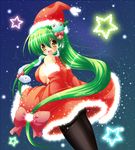  black_legwear bow breasts frog_hair_ornament green_hair hair_ornament hat kochiya_sanae large_breasts long_hair osashin_(osada) pantyhose santa_costume santa_hat sideboob snake_hair_ornament solo touhou yellow_eyes 