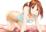  all_fours bad_id bad_pixiv_id breasts brown_eyes brown_hair cleavage collarbone idolmaster idolmaster_cinderella_girls medium_breasts midriff shorts simple_background solo striped striped_shorts takahata_yuki tank_top totoki_airi twintails 