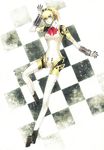  aegis_(persona) android blonde_hair blue_eyes bow checkered ctrlkun cyborg highres persona persona_3 ribbon robot robot_joints solo 