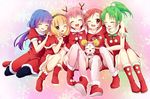  ^_^ antlers aoki_reika blonde_hair blue_hair blush boots bow candy_(smile_precure!) christmas closed_eyes green_hair hairband highres hino_akane_(smile_precure!) hoshizora_miyuki kise_yayoi kuune_rin long_hair midorikawa_nao multiple_girls open_mouth pantyhose pink_bow pink_hair precure red_eyes santa_boots santa_costume short_hair smile_precure! thighhighs v white_legwear yellow_eyes 