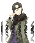  bad_id bad_pixiv_id bangs black-framed_eyewear black_hair black_scarf coat cosplay earrings fur_scarf glasses grey_coat grey_eyes hand_on_own_face highres jewelry kashiyuka long_hair long_sleeves looking_at_viewer perfume scarf skrillex skrillex_(cosplay) smile solo upper_body yoshito 