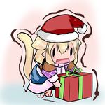  animal_ears blonde_hair blush cat_ears cat_tail chibi christmas fang gift hat hoshizuki_(seigetsu) long_sleeves mizuhashi_parsee multicolored multicolored_background open_mouth puru-see santa_hat scarf skirt solo tail touhou trembling vest |_| 