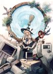  black_eyes blonde_hair braid broom computer cover cover_page curiosities_of_lotus_asia eho_(icbm) hat hat_ribbon kirisame_marisa long_hair looking_at_viewer monitor plant potted_plant ribbon rubble sign single_braid sitting solo touhou translation_request witch_hat wrist_cuffs 