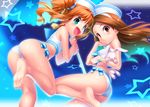  :d ass bare_shoulders barefoot bikini blush brown_hair dixie_cup_hat feet from_behind from_below green_eyes hairband hat idolmaster idolmaster_(classic) long_hair looking_at_viewer looking_back looking_down military_hat minase_iori multiple_girls open_mouth orange_hair red_eyes sailor_bikini sailor_collar sailor_hat sailor_swimsuit_(idolmaster) shiny shiny_skin side-tie_bikini smile soles stuffed_animal stuffed_bunny stuffed_toy swimsuit takatsuki_yayoi toes twintails umbrella white_bikini zen 