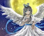  angel_wings bad_id bad_pixiv_id blue_eyes full_moon hand_on_own_chest looking_at_viewer luo_tianyi moon moriz outstretched_hand petals smile solo star_(sky) vocaloid vocanese wings 