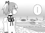  1girl comic gogiga_gagagigo greyscale hair_ribbon kaname_madoka mahou_shoujo_madoka_magica monochrome ribbon school_uniform short_twintails solo twintails 