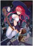  absurdres book bracelet breasts broom broom_riding cat center_opening cleavage_cutout compass copyright_request dress hat highres jewelry large_breasts long_hair maeda_risou navel open_mouth orange_eyes panties red_hair short_dress solo surprised underwear witch witch_hat 