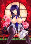  bad_id bad_pixiv_id black_legwear blue_eyes blue_hair breasts breasts_outside flower ikaruga_(senran_kagura) koshika_rina large_breasts long_hair necktie nipples open_mouth pantyhose round_window senran_kagura senran_kagura_shoujo-tachi_no_shin'ei sitting skirt skirt_removed smile solo v_arms very_long_hair window 