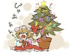  &gt;_&lt; ascot bad_id bad_pixiv_id christmas_tree christmas_tree_costume closed_eyes commentary crying decorations fang flandre_scarlet flying_teardrops glowing glowing_wings hat hat_ribbon mob_cap open_mouth puffy_sleeves ribbon shinnjugokko shirt short_sleeves side_ponytail sitting skirt skirt_set solo star tears touhou v_arms vest wings 