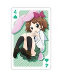  abe_kanari animal_ears bangs black_legwear blouse blue_eyes bow brown_footwear brown_hair bunny_ears bunny_tail card girls_und_panzer green_skirt hair_bow highres kneehighs loafers long_sleeves miniskirt neckerchief ooarai_school_uniform open_mouth playing_card pleated_skirt sakaguchi_karina school_uniform serafuku shoes short_hair skirt smile solo tail white_blouse 