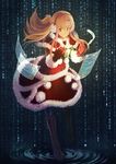  asuna_(sao) boots brown_eyes brown_hair christmas digital_rain dress earmuffs floating_screen gloves highres long_hair pantyhose red_gloves santa_costume smile solo sword_art_online tienao 