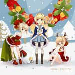  ahoge animal_ears antlers artoria_pendragon_(all) bag bare_shoulders bell bell_collar blonde_hair book boots bottle bow brown_footwear candy candy_cane character_doll christmas collar cross cup dress drinking_glass fate/stay_night fate_(series) food green_eyes hair_bell hair_ornament holly jingle_bell merry_christmas multiple_girls multiple_persona okran panties pantyhose pantyshot pantyshot_(sitting) print_legwear reindeer_ears saber sack santa_boots santa_costume sitting star star_print underwear white_legwear wine_bottle wine_glass younger 