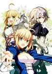  :d absurdres ahoge armor armored_dress artoria_pendragon_(all) belt black_legwear blonde_hair blue_dress blue_eyes bodysuit braid breasts capelet chain dress fate/apocrypha fate/extra fate/extra_ccc fate/stay_night fate/zero fate_(series) faulds flower gauntlets green_eyes hair_ribbon headpiece highres jeanne_d'arc_(fate) jeanne_d'arc_(fate)_(all) lock long_hair medium_breasts multiple_girls nero_claudius_(bride)_(fate) nero_claudius_(fate)_(all) open_mouth outstretched_arms padlock pointing ribbon saber short_hair single_braid smile takeuchi_takashi thighhighs v-shaped_eyebrows veil white_bodysuit zipper 