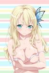  aqua_eyes blonde_hair blush boku_wa_tomodachi_ga_sukunai bra bra_strap breast_hold breast_squeeze breasts butterfly_hair_ornament cleavage covering covering_breasts crossed_arms embarrassed hair_ornament horizontal-striped_background kashiwazaki_sena large_breasts long_hair looking_at_viewer poster solo strap_slip striped striped_background underwear watanabe_yoshihiro wet wet_hair white_bra 