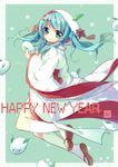  aqua_hair bad_id bad_pixiv_id green_eyes hatsune_miku hood japanese_clothes kimono long_hair new_year pf snow_bunny socks solo uchikake vocaloid yuki_miku 