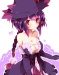  black_gloves black_ribbon blush braid breasts cleavage elbow_gloves gen_4_pokemon gloves hair_ornament hat highres large_breasts long_hair mismagius personification pokemon red_eyes ribbon single_braid solo takeshima_(nia) witch_hat 