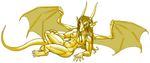  anthro blonde_hair breasts claws dragon female fins hair hand_on_leg horn long_hair looking_at_viewer lying muscles muscular_female nipples nude pinup pira plain_background pose smile solo white_background wings yellow_skin 