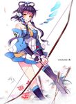  arrow bow_(weapon) detached_sleeves fingerless_gloves g.h_(gogetsu) gloves hair_rings hair_tubes luo_tianyi mismatched_legwear short_hair_with_long_locks solo vocaloid vocanese weapon 