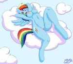  anthrofied big_breasts breasts cloud cutie_mark equine female friendship_is_magic hair horn horse looking_at_viewer lying mammal multi-colored_hair my_little_pony nipples nude on_back open_mouth pegasus pony pussy rainbow_dash_(mlp) rainbow_hair skidd solo tongue wings 
