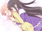  akemi_homura alternate_hairstyle black_hair blush closed_eyes couple hair_down hug hug_from_behind kaname_madoka long_hair long_sleeves lying mahou_shoujo_madoka_magica multiple_girls on_side open_mouth pajamas pillow pink_hair smile spooning yasuki_(yaski) yuri 