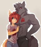  abs body_markings canine claws clothed clothing gay hair half-dressed looking_at_viewer male markings muscles pants peritian purple_eyes red_eyes red_hair shirt short_hair smile topless 