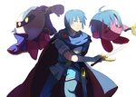  ahoge armor artist_request blue_eyes blue_hair cape copy_ability fire_emblem fire_emblem:_monshou_no_nazo kirby kirby_(series) marth mask meta_knight multiple_boys simple_background super_smash_bros. sword weapon white_background yellow_eyes 