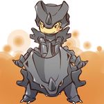  &gt;:) armor blush blush_stickers brown_eyes claws costume fangs gen_1_pokemon grey_hair hitec horns male_focus moemon personification pokemon pokemon_(creature) rhyhorn riding smile v-shaped_eyebrows 