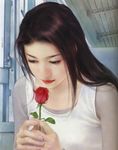  brown_hair chen_shu_fen copyright_request flower highres long_hair realistic red_flower red_rose rose solo 