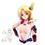  1girl armband belt blonde_hair blue_eyes bracer breasts breasts_apart covered_nipples crossover earrings hair_ornament jewelry kara_(color) lips long_hair looking_at_viewer medium_breasts muska no_bra see-through smile sophitia_alexandra soulcalibur soulcalibur_iv tenkuu_no_shiro_laputa 