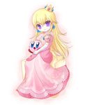  artist_request blonde_hair blue_eyes crown dress elbow_gloves gloves kirby kirby_(series) long_hair lowres mario_(series) pink_dress princess_peach purple_eyes smile solo super_mario_bros. super_smash_bros. 